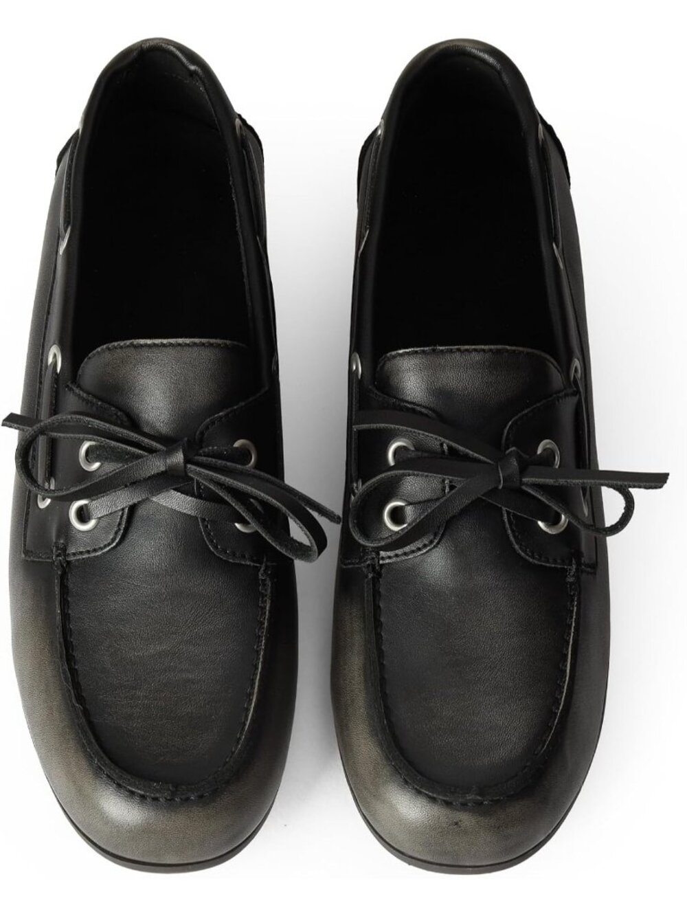 Women's Black Leather Comfortable Bow Lace Loafer Slip On Casual Flat Boat Shoes